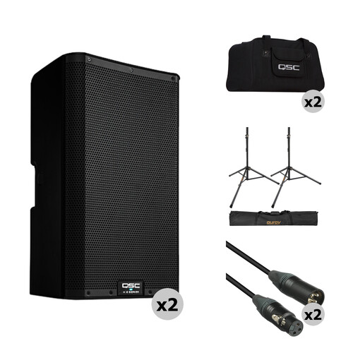 QSC K10.2 스피커 2대와 스탠드, 케이블 세트