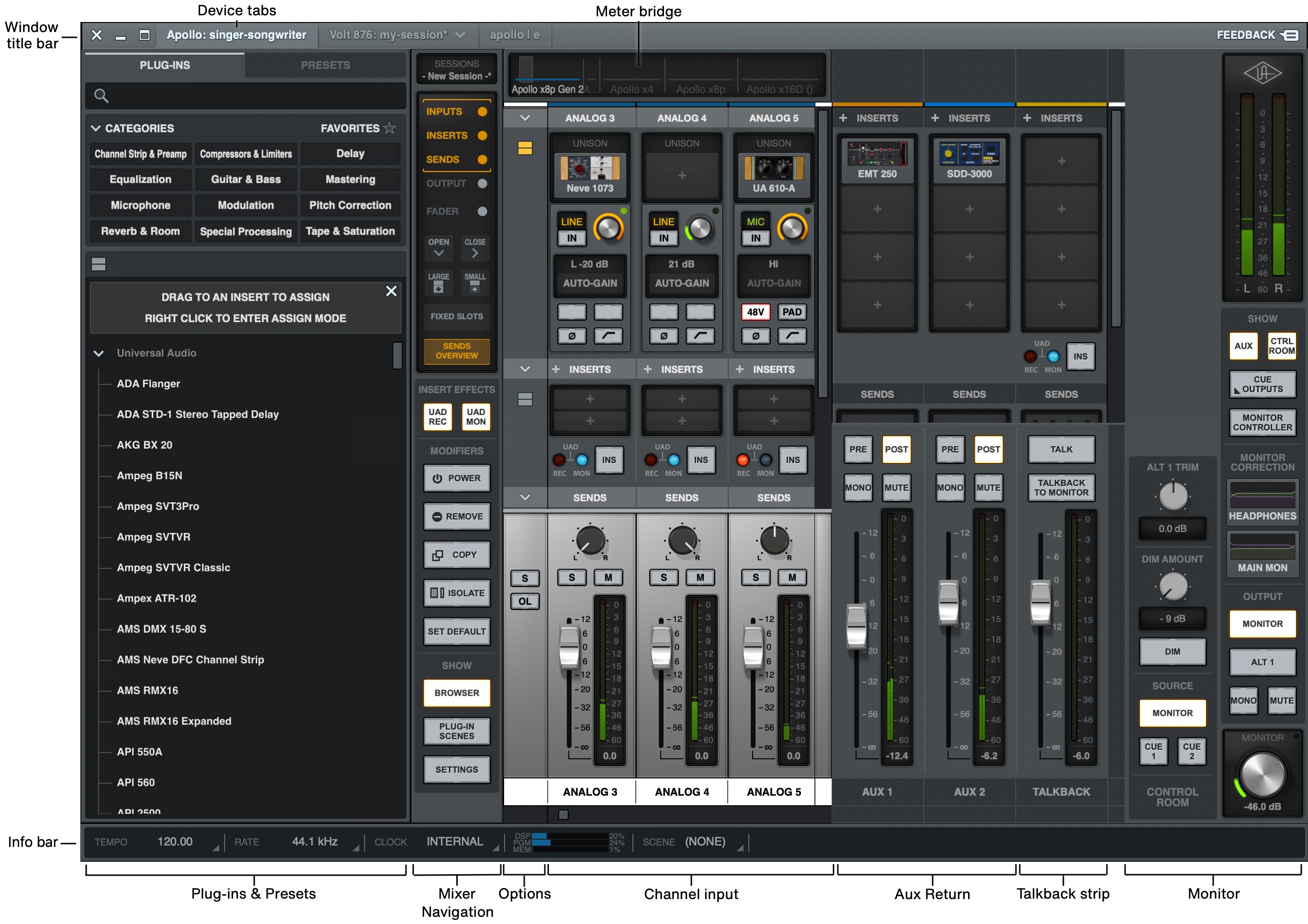 UAD Console 믹서 화면